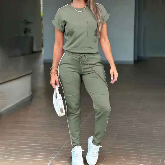 Women's Solid Color Short Sleeve Two-Piece Set - Round Neck, Stripe Trim, Tie Waist Belt, Pockets, Spring & Summer Casual Outfit