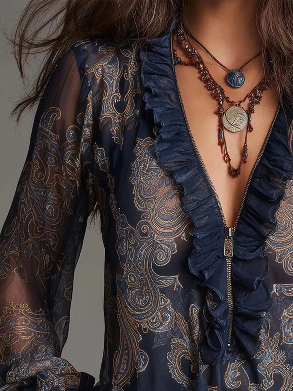 Full Size Paisley Print Ruffle Trim Zip-Front Blouse Plus Size