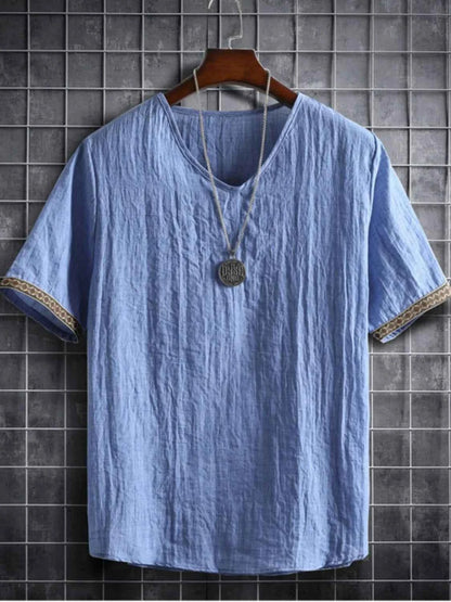 Men's Plus Size Texture Short Sleeve Top with Ethnic Trim