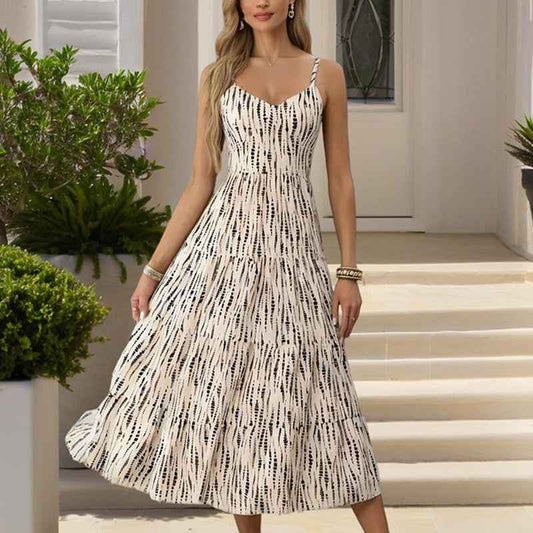 Women’s Striped V-Neck Backless Tie-Strap Maxi Dress – Sexy Elegant Summer Beach Dress