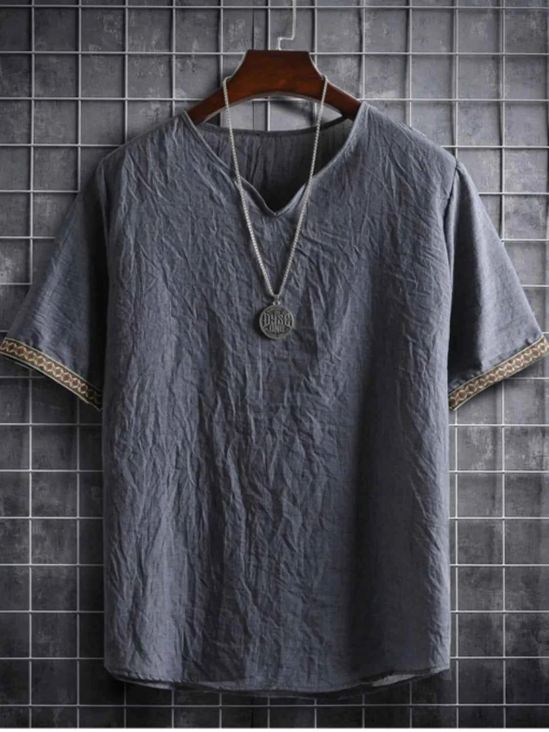 Men's Plus Size Texture Short Sleeve Top with Ethnic Trim