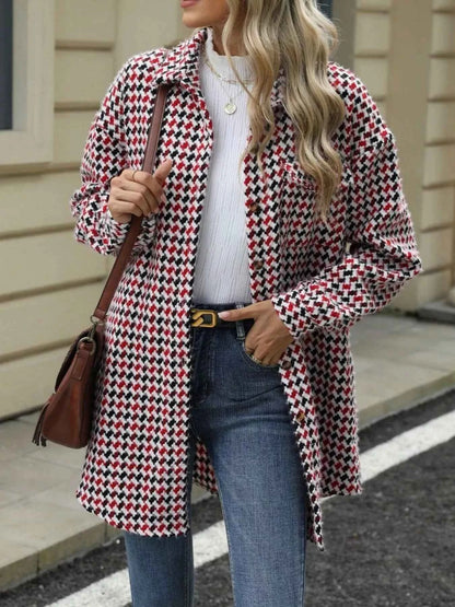 Houndstooth Button Up Long Sleeve Coat