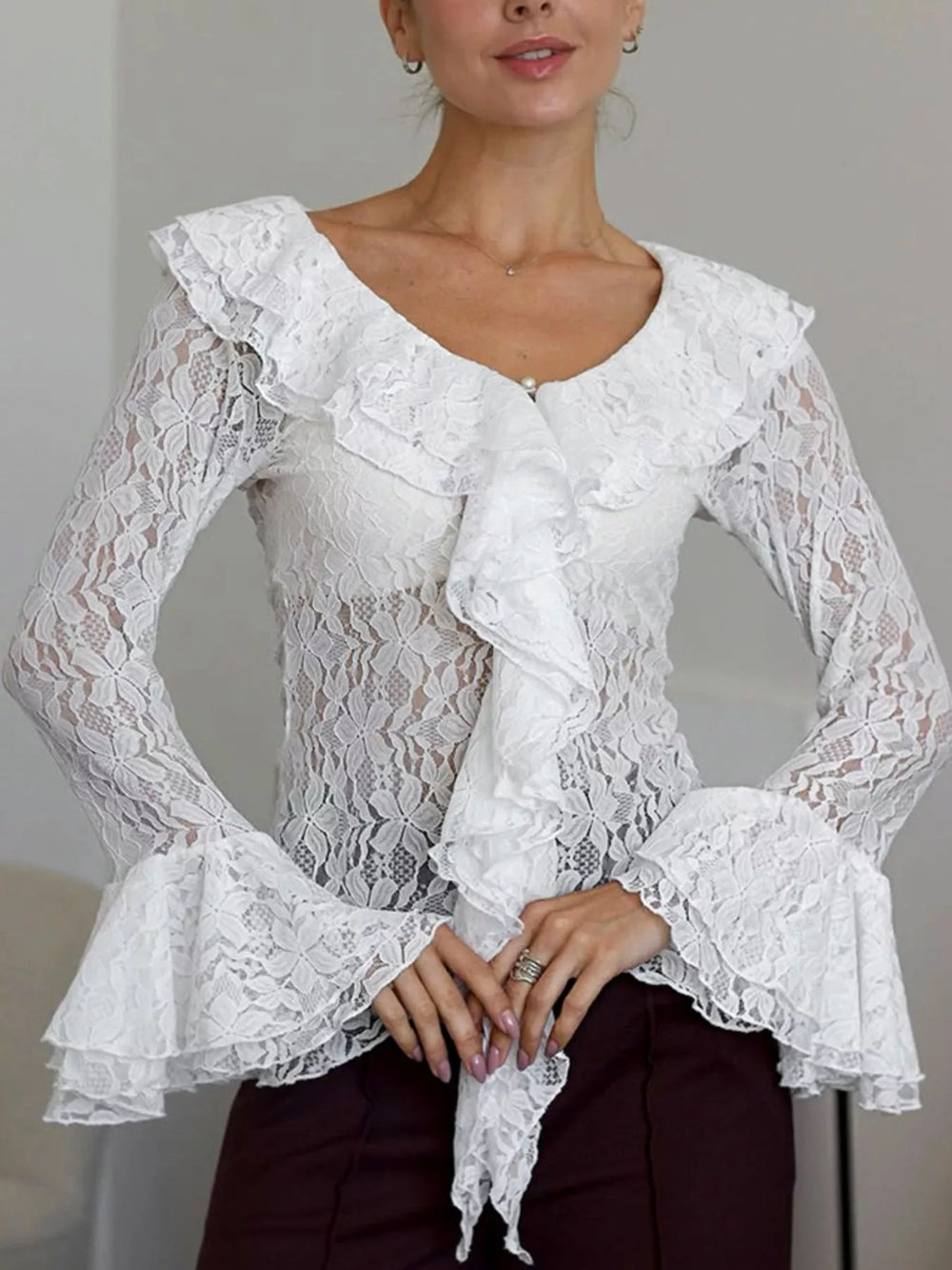 Lace V-Neck Flare Sleeve Blouse