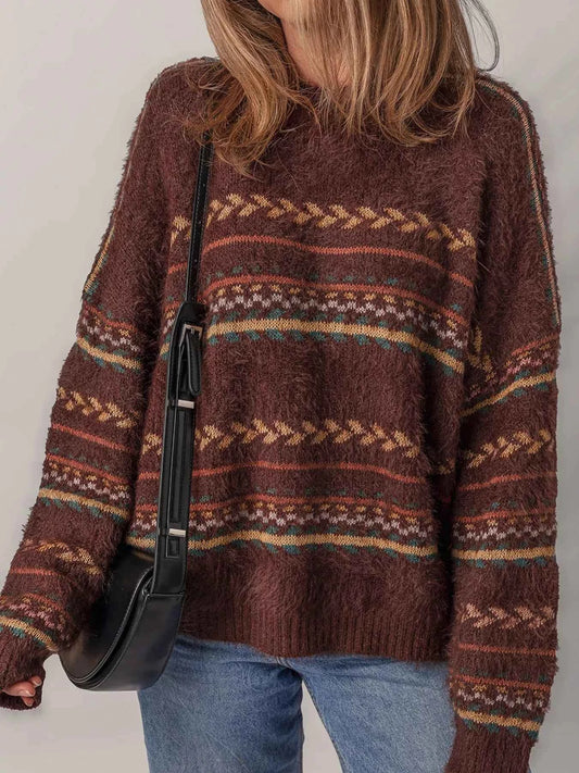 Ethnic Pattern Mohair Knitted Drop Shoulder Sweater