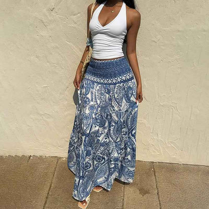 Women's Boho Floral Print Maxi Skirt - Elastic Waist A-Line Long Skirt For Spring & Summer Casual Beach Skirt