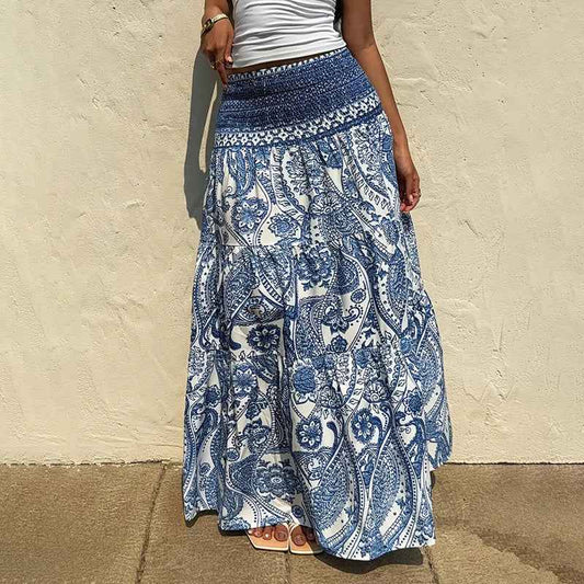 Women's Boho Floral Print Maxi Skirt - Elastic Waist A-Line Long Skirt For Spring & Summer Casual Beach Skirt