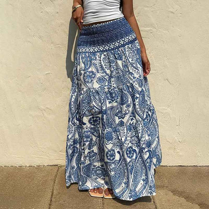 Women's Boho Floral Print Maxi Skirt - Elastic Waist A-Line Long Skirt For Spring & Summer Casual Beach Skirt