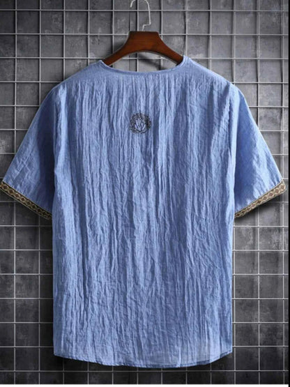 Men's Plus Size Texture Short Sleeve Top with Ethnic Trim