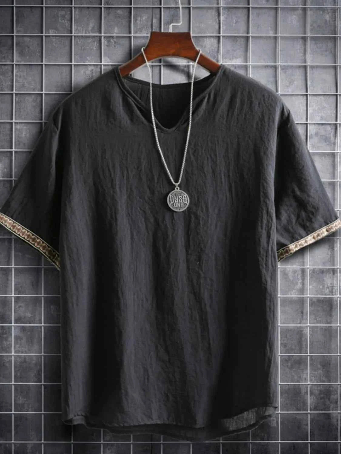 Men's Plus Size Texture Short Sleeve Top with Ethnic Trim