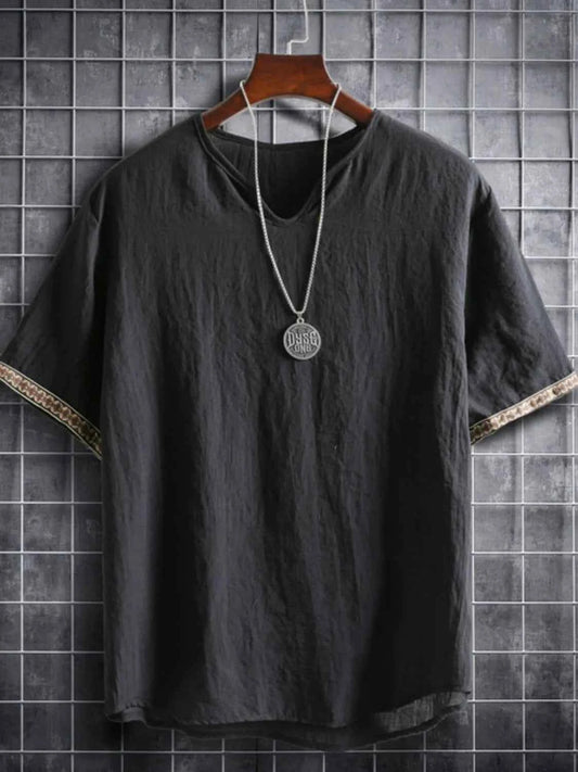 Men's Plus Size Texture Short Sleeve Top with Ethnic Trim