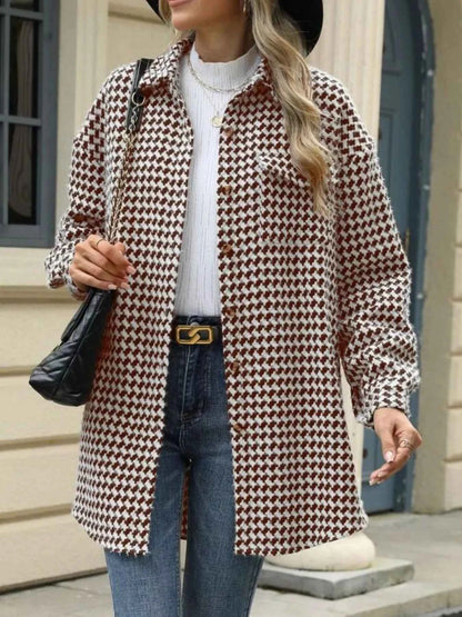 Houndstooth Button Up Long Sleeve Coat