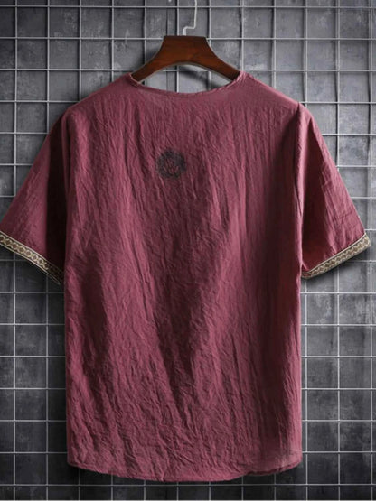 Men's Plus Size Texture Short Sleeve Top with Ethnic Trim