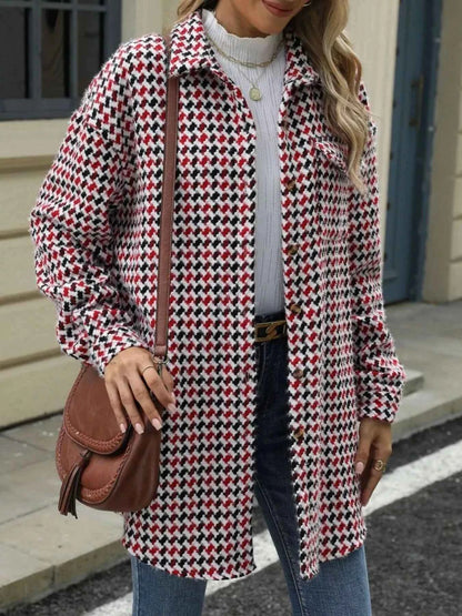 Houndstooth Button Up Long Sleeve Coat