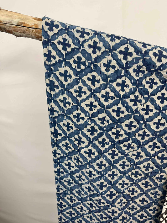 Indigo Crosses Block Print Cotton Kantha Quilt (Events) - OnlyAttire