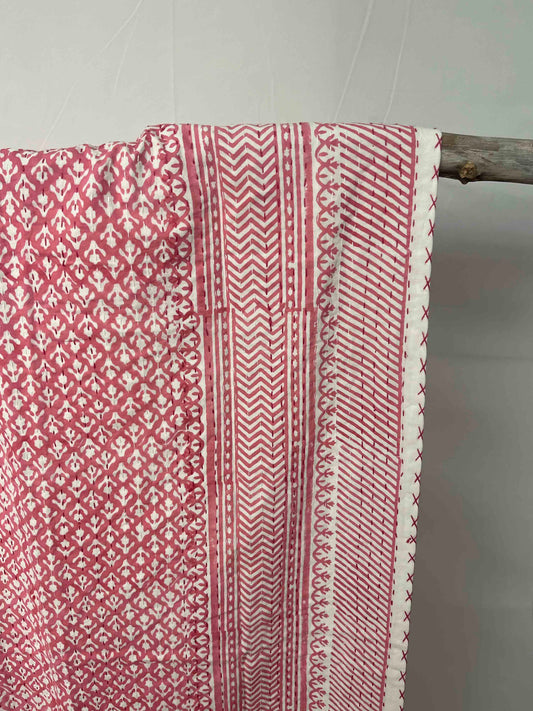 Pink Arrow Flower Block Print Cotton Kantha Quilt (Events) - OnlyAttire