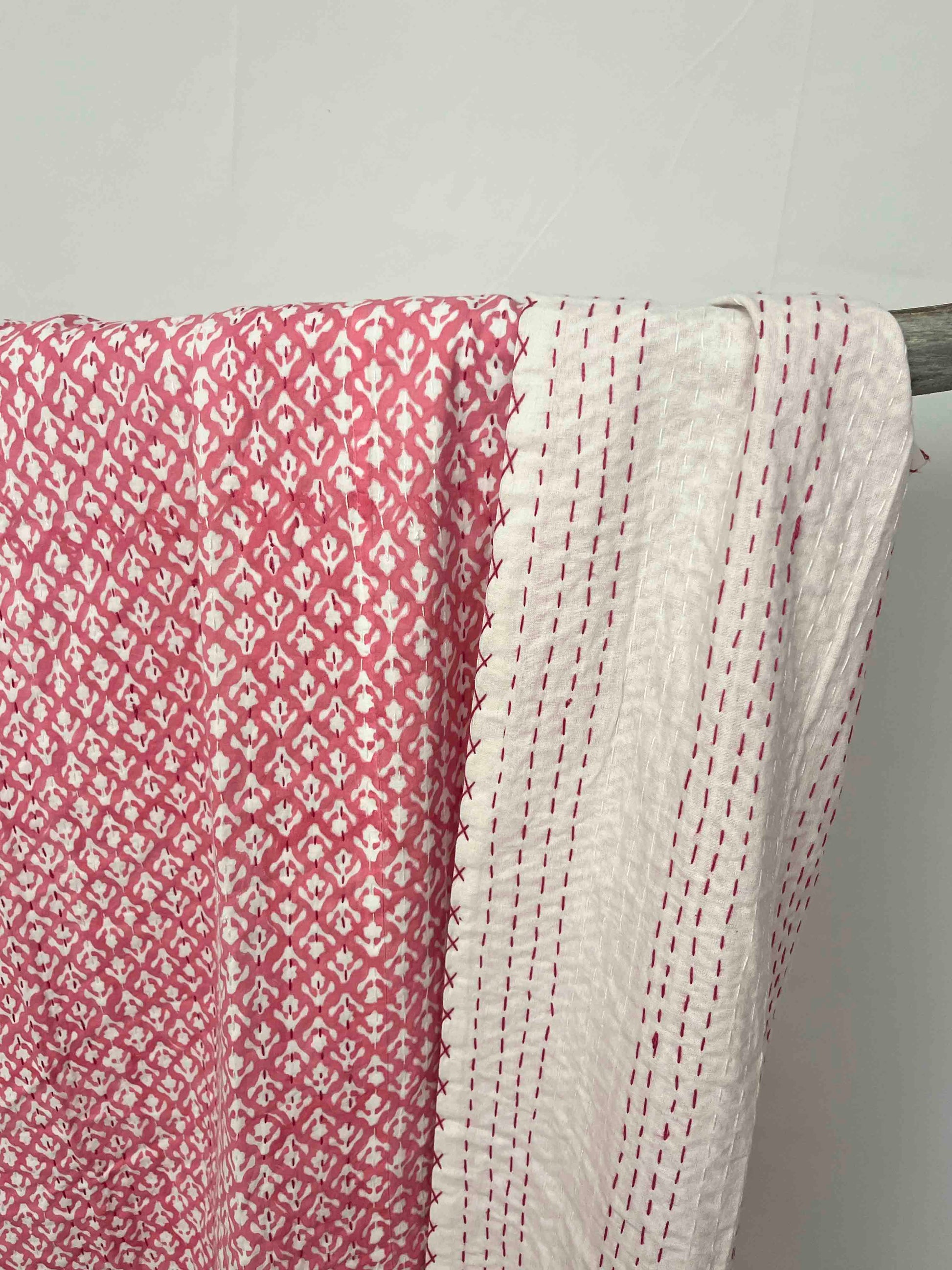 Pink Arrow Flower Block Print Cotton Kantha Quilt (Events) - OnlyAttire