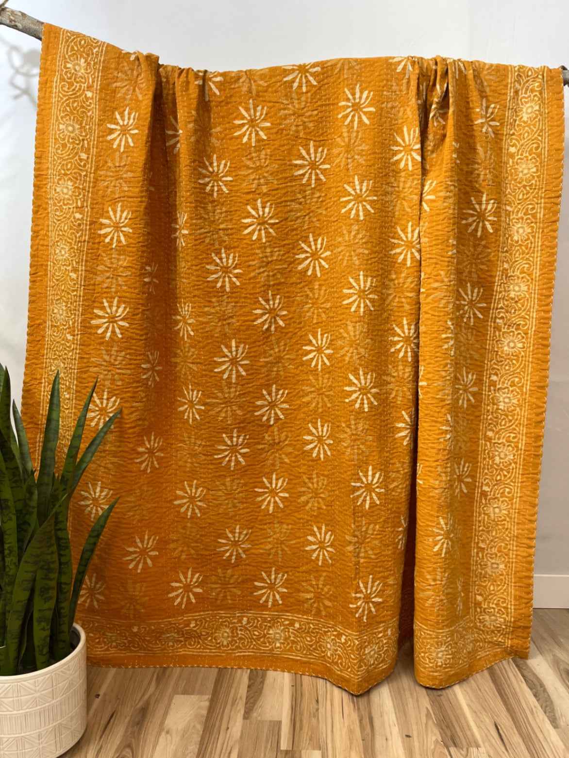 Sunburst Daisies Block Print Cotton Kantha Quilt