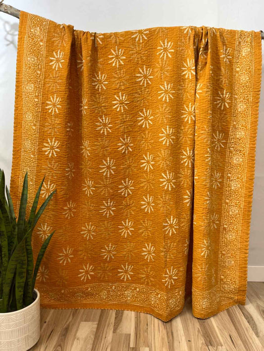 Sunburst Daisies Block Print Cotton Kantha Quilt
