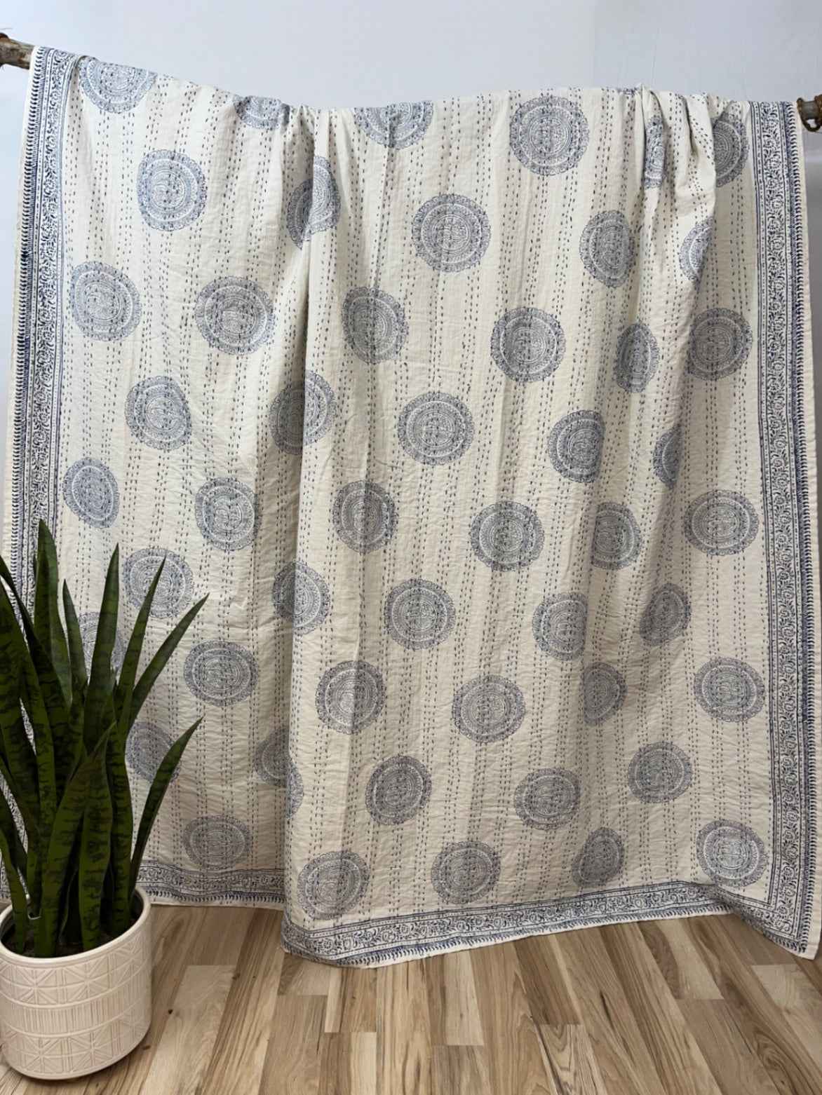 Navy Mandala Block Print Cotton Kantha Quilt