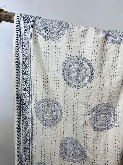 Navy Mandala Block Print Cotton Kantha Quilt