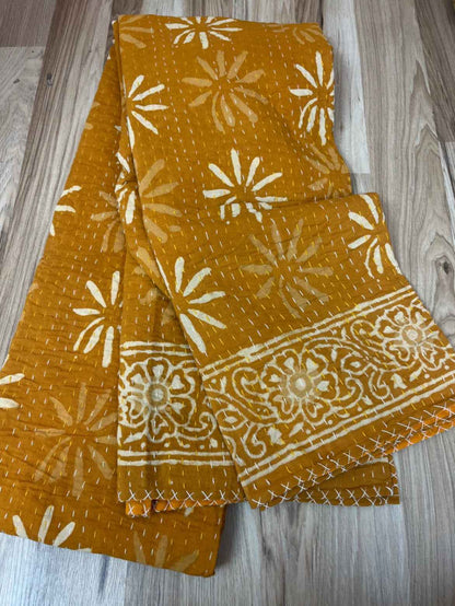 Sunburst Daisies Block Print Cotton Kantha Quilt