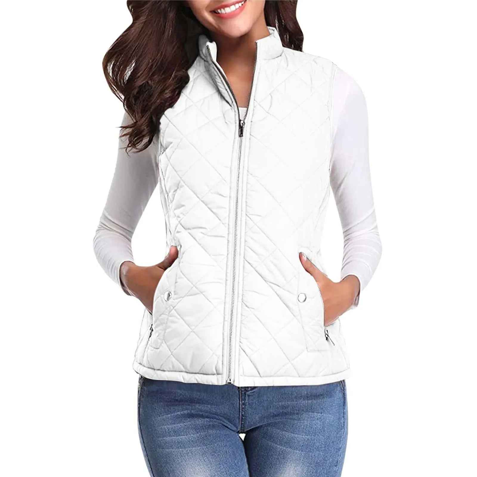 Women'S Padded Vest Quilted Jacket Ladies Zipper Sleeveless Waistcoat Autumn Winter Lightweight Comfortable Cotton down Vests