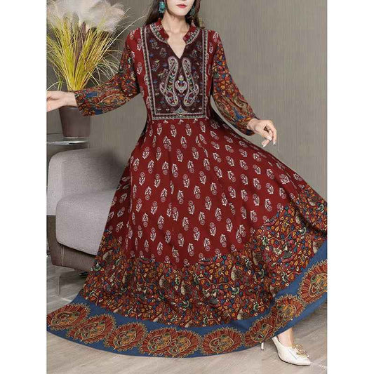 Women's Bohemian Floral Swing Dress Ethnic Embroidery Notched Neck Big Swing Dress