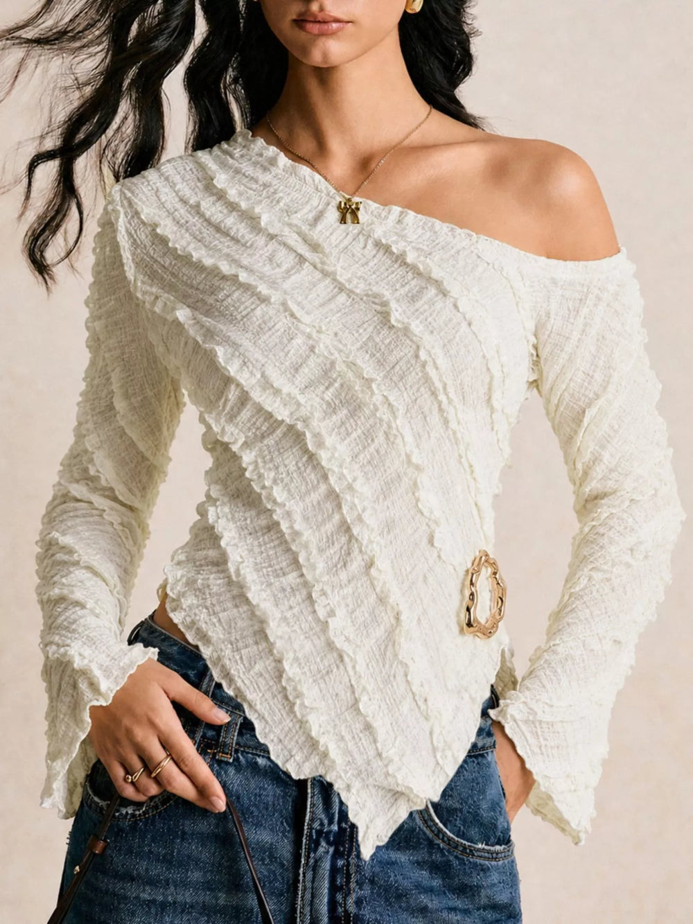 Textured Asymmetrical Hem One Shoulder Blouse