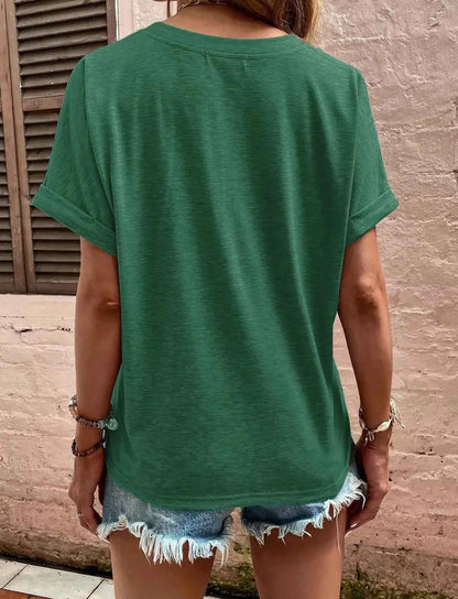 Full Size Notched Short Rolled Sleeve Top Plus Size