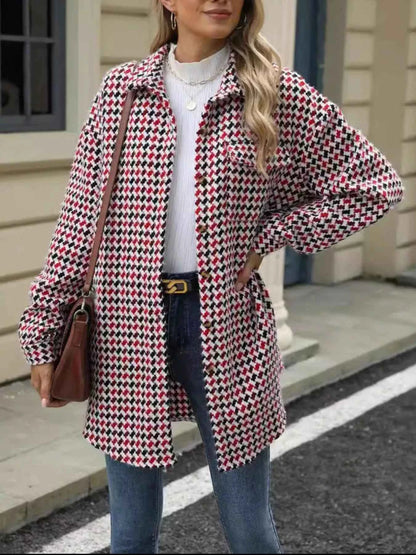 Houndstooth Button Up Long Sleeve Coat