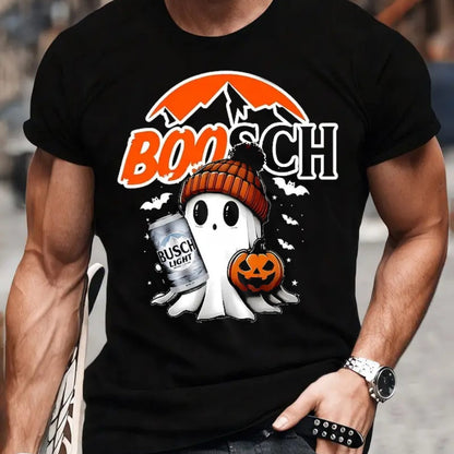 Halloween Boosch Printed Casual T-shirt, Men's Halloween Ghost Pumpkin T-shirt, - OnlyAttire