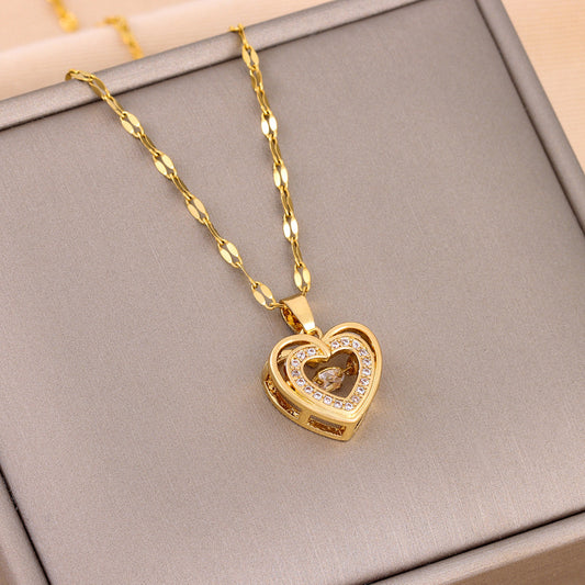 Double-layer Love Necklace With Rhinestones Titanium Steel Pendant - OnlyAttire