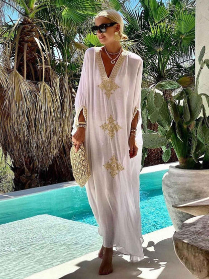 Elegant Embroidered Retro V-neck White Dress; Summer Beach Wear Vacation Dress; Women's Clothing