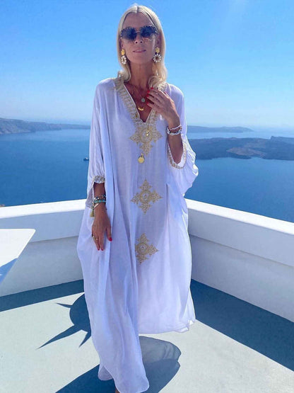 Elegant Embroidered Retro V-neck White Dress; Summer Beach Wear Vacation Dress; Women's Clothing