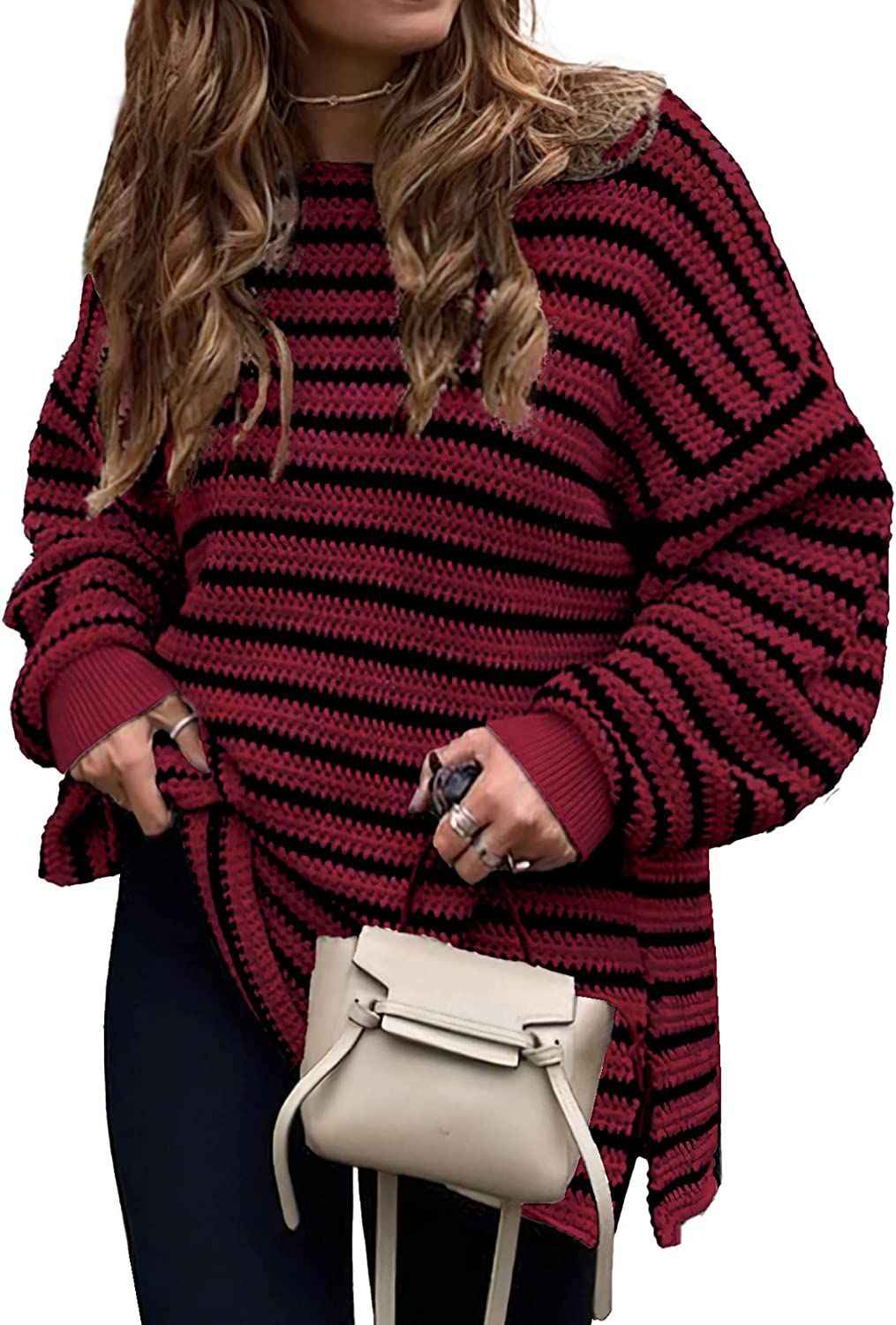 Fall Winter Women's Oversized Long Sleeve Striped Sweater Casual Crewneck Side Split Pullover Knit Tops