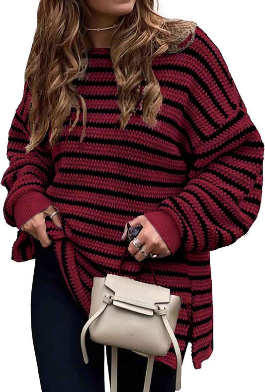 Fall Winter Women's Oversized Long Sleeve Striped Sweater Casual Crewneck Side Split Pullover Knit Tops