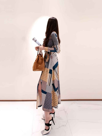 OL Temperament V-neck Lace Up Wrap Print Maxi Dress; Fashion Big Swing Dress; Women's Clothing