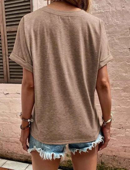 Full Size Notched Short Rolled Sleeve Top Plus Size