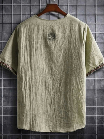 Men's Plus Size Texture Short Sleeve Top with Ethnic Trim