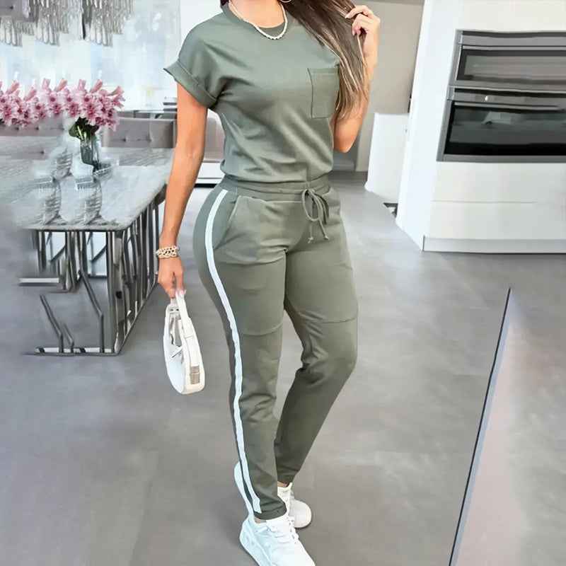 Women's Solid Color Short Sleeve Two-Piece Set - Round Neck, Stripe Trim, Tie Waist Belt, Pockets, Spring & Summer Casual Outfit