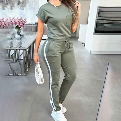 Women's Solid Color Short Sleeve Two-Piece Set - Round Neck, Stripe Trim, Tie Waist Belt, Pockets, Spring & Summer Casual Outfit