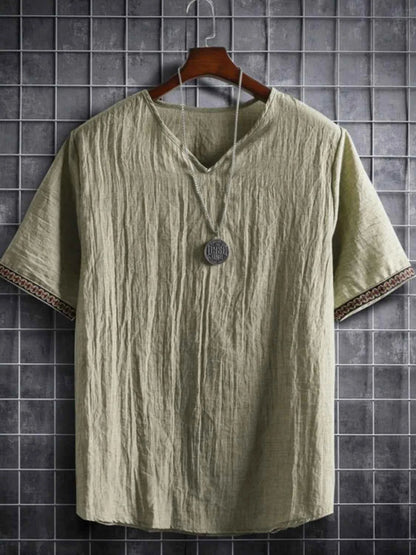Men's Plus Size Texture Short Sleeve Top with Ethnic Trim