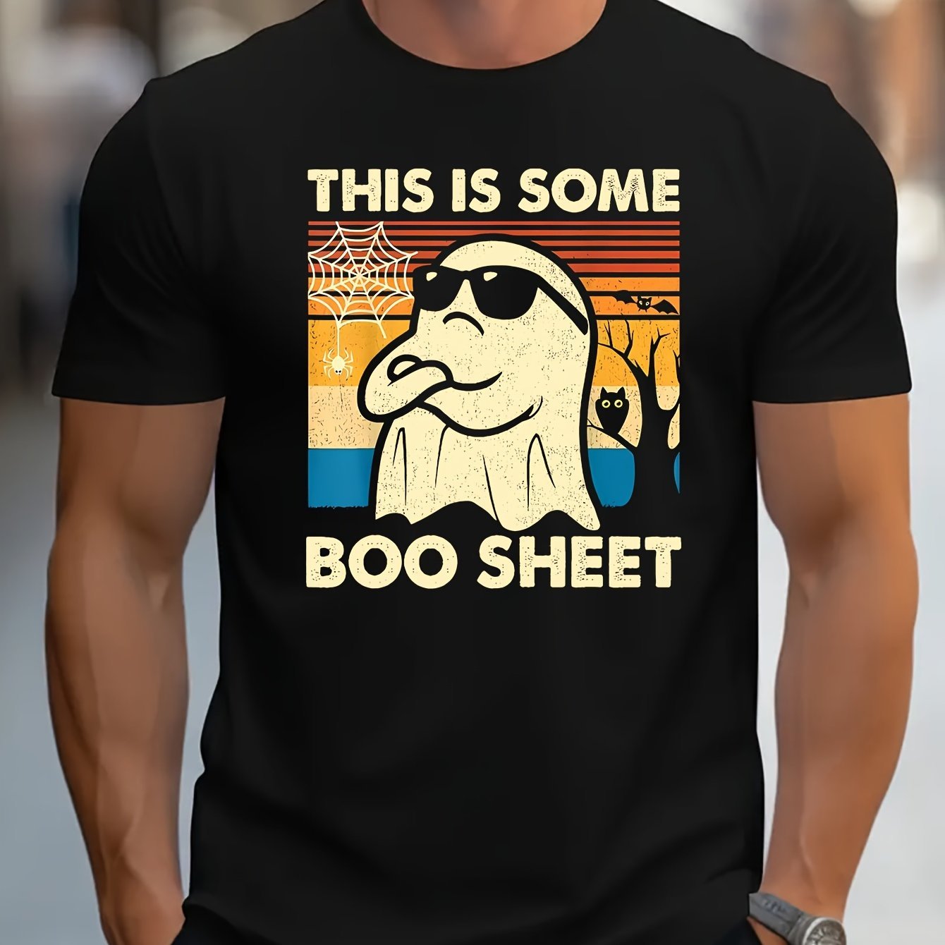 A Halloween-Themed Graphic T-Shirt—Casual Polyester Round Neck T-shirt With Spandex, Slightly Elastic, Regular Short Sleeved—Men's Halloween Ghost Print This Is Some Ghost Cloth Pullover - OnlyAttire
