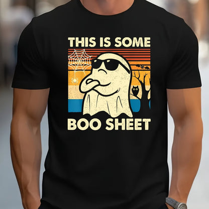 A Halloween-Themed Graphic T-Shirt—Casual Polyester Round Neck T-shirt With Spandex, Slightly Elastic, Regular Short Sleeved—Men's Halloween Ghost Print This Is Some Ghost Cloth Pullover - OnlyAttire