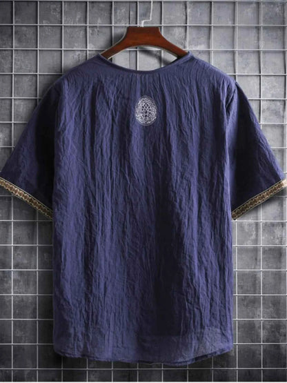 Men's Plus Size Texture Short Sleeve Top with Ethnic Trim