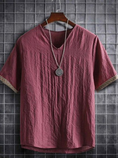 Men's Plus Size Texture Short Sleeve Top with Ethnic Trim