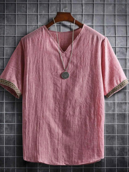 Men's Plus Size Texture Short Sleeve Top with Ethnic Trim