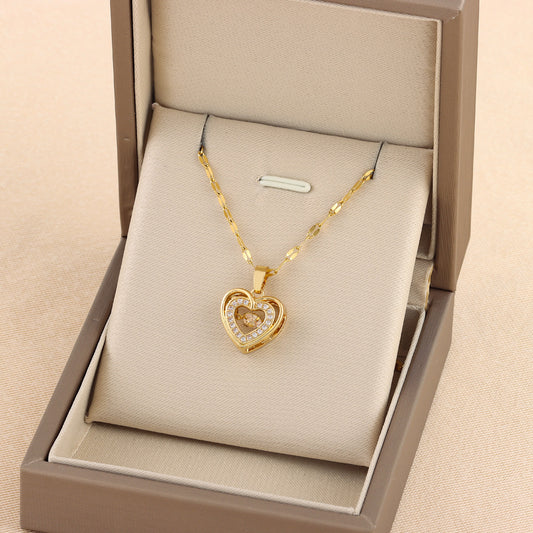 Double-layer Love Necklace With Rhinestones Titanium Steel Pendant - OnlyAttire