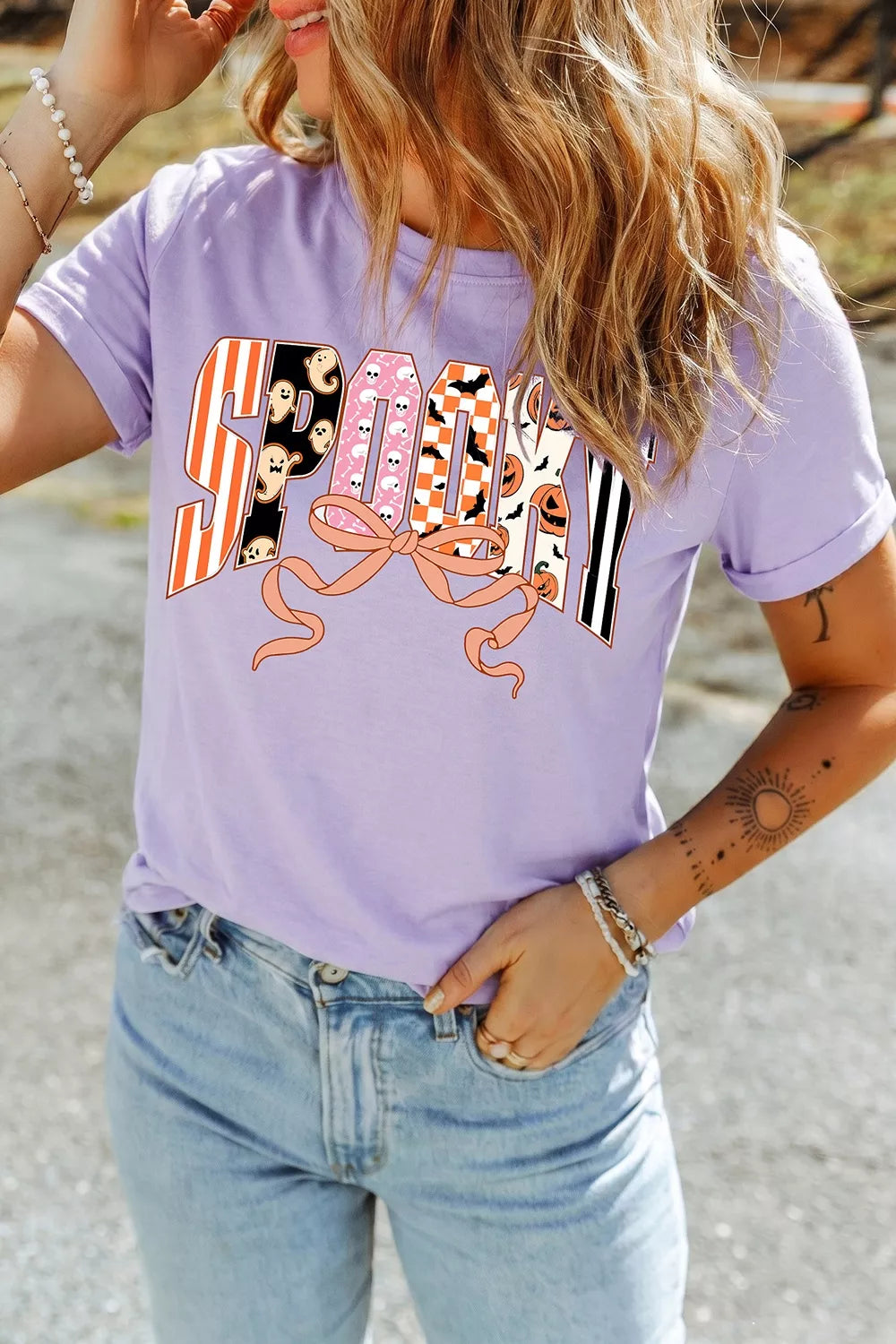Halloween Spooky Letter Graphic Round Neck Casual T Shirt