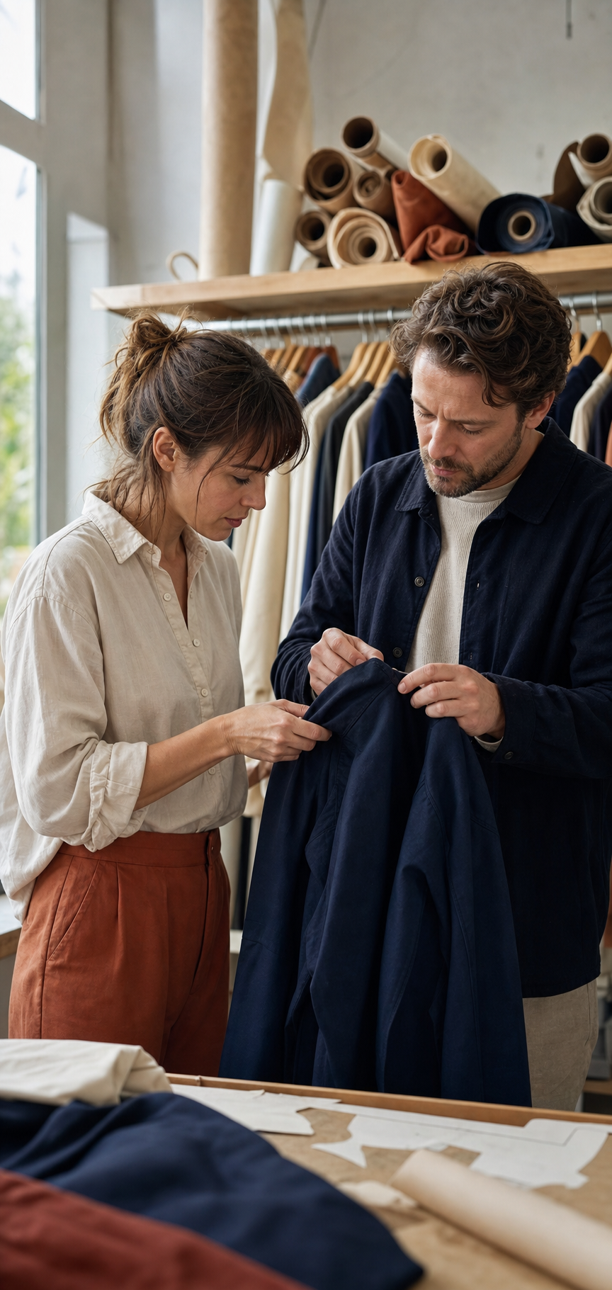Only Attire team checking the fabric and finish of a garment